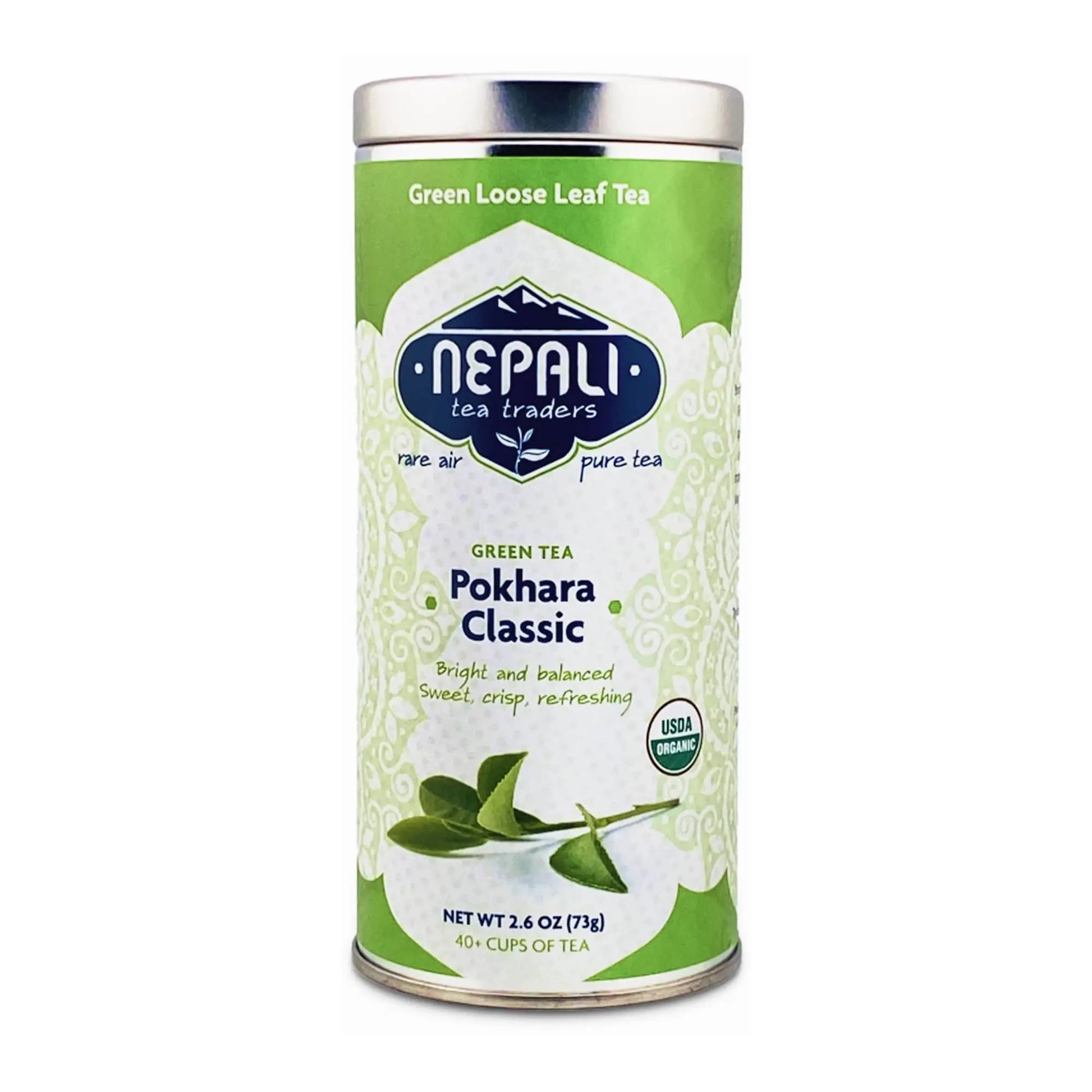 Pokhara Classic organic green tea tin – Nepali Tea Traders packaging