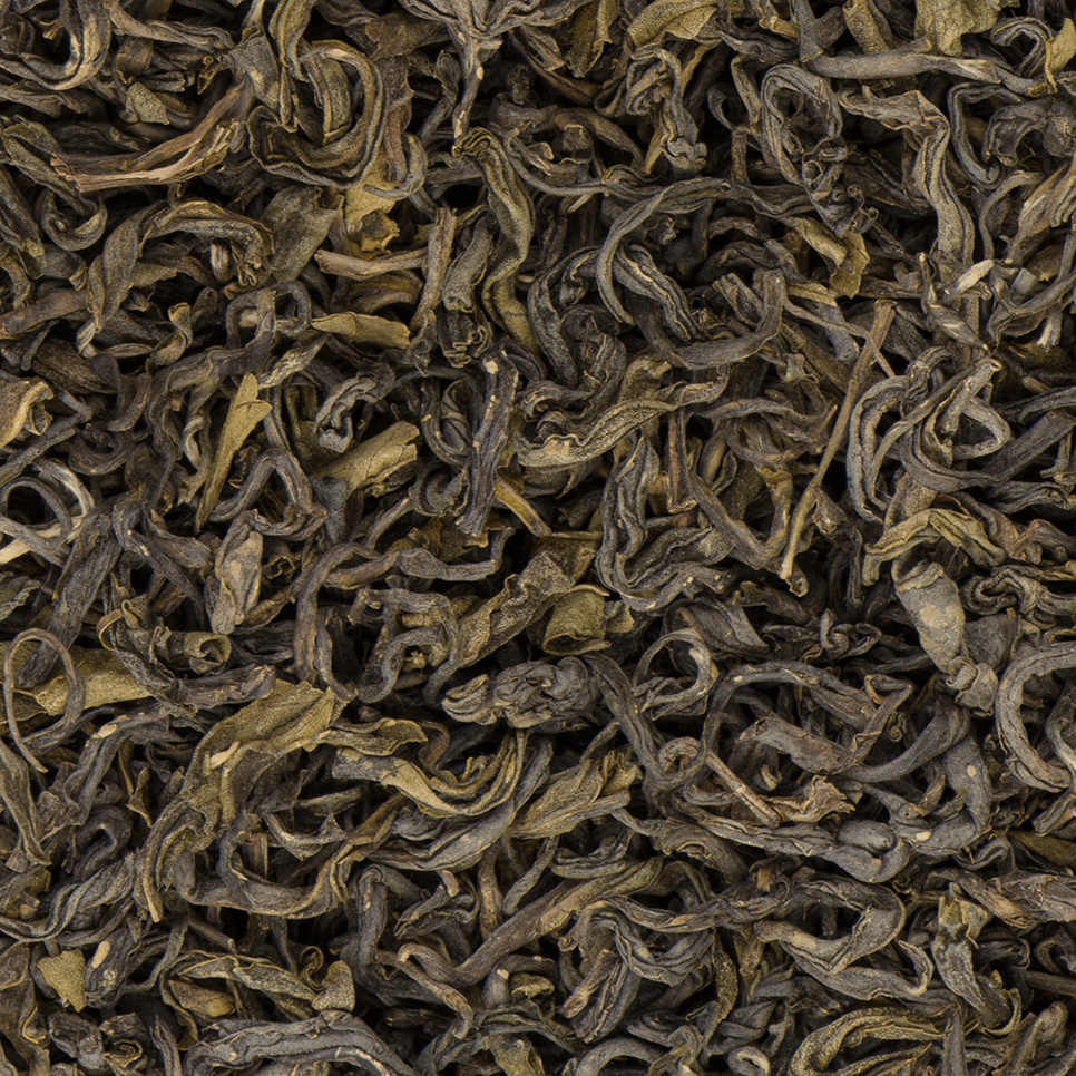 Close-up of Pokhara Classic organic green tea leaves from Nepal
