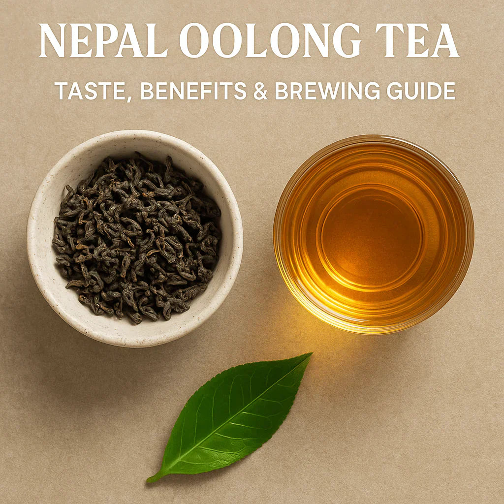 A ceramic bowl of Nepal oolong tea leaves, a glass cup of golden brewed oolong, and a green tea leaf on a neutral background, showcasing taste, benefits, and brewing.