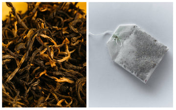Visual comparison of specialty loose-leaf tea and commodity tea bag on wood background with clear labeling