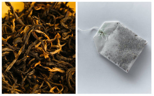 Visual comparison of specialty loose-leaf tea and commodity tea bag on wood background with clear labeling