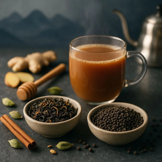 Steaming masala chai in a glass mug with bowls of orthodox Nepal black tea leaves and CTC pellets, cardamom and ginger on a slate surface (square thumbnail)