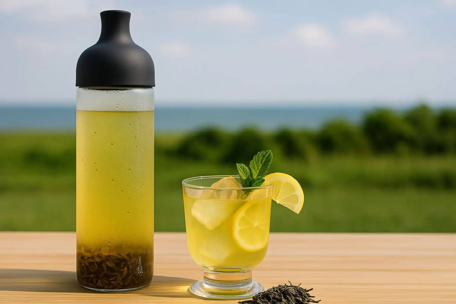 Glass of cold brew loose leaf tea on a table with blurred green summer background