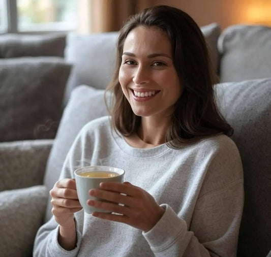 Smiling woman relaxing on a couch while holding a warm cup of tea, representing mood-boosting benefits of Nepali teas