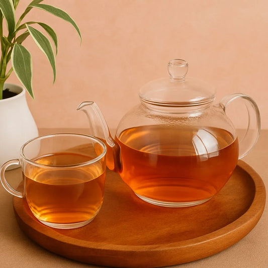 Realistic tea setup with a glass teapot and clear teacup filled with amber tea on a wooden tray against a warm background