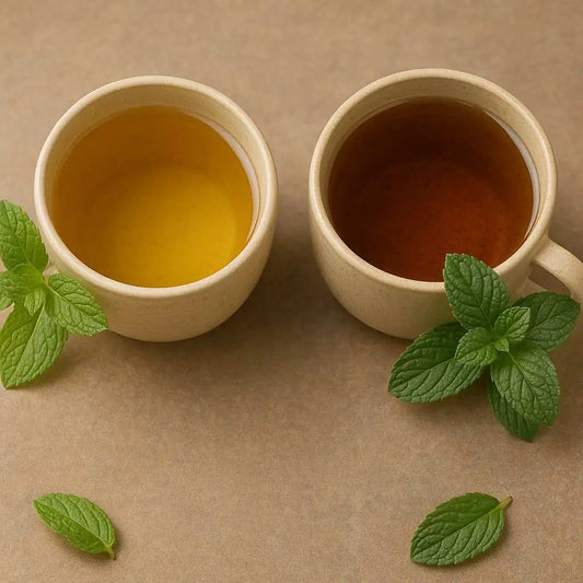 Two ceramic cups of spearmint and peppermint tea with fresh mint leaves on a neutral background