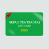 Green gift card from Nepali Tea Traders with a red ribbon on a light gray background