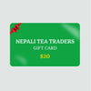 Green gift card for Nepali Tea Traders with a red ribbon on a light gray background