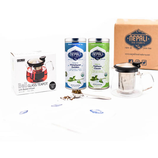 Pinnacle Tea Starter Set – Loose Leaf Tea, 14 oz Teapot & Scoop | 2-Tin Bundle