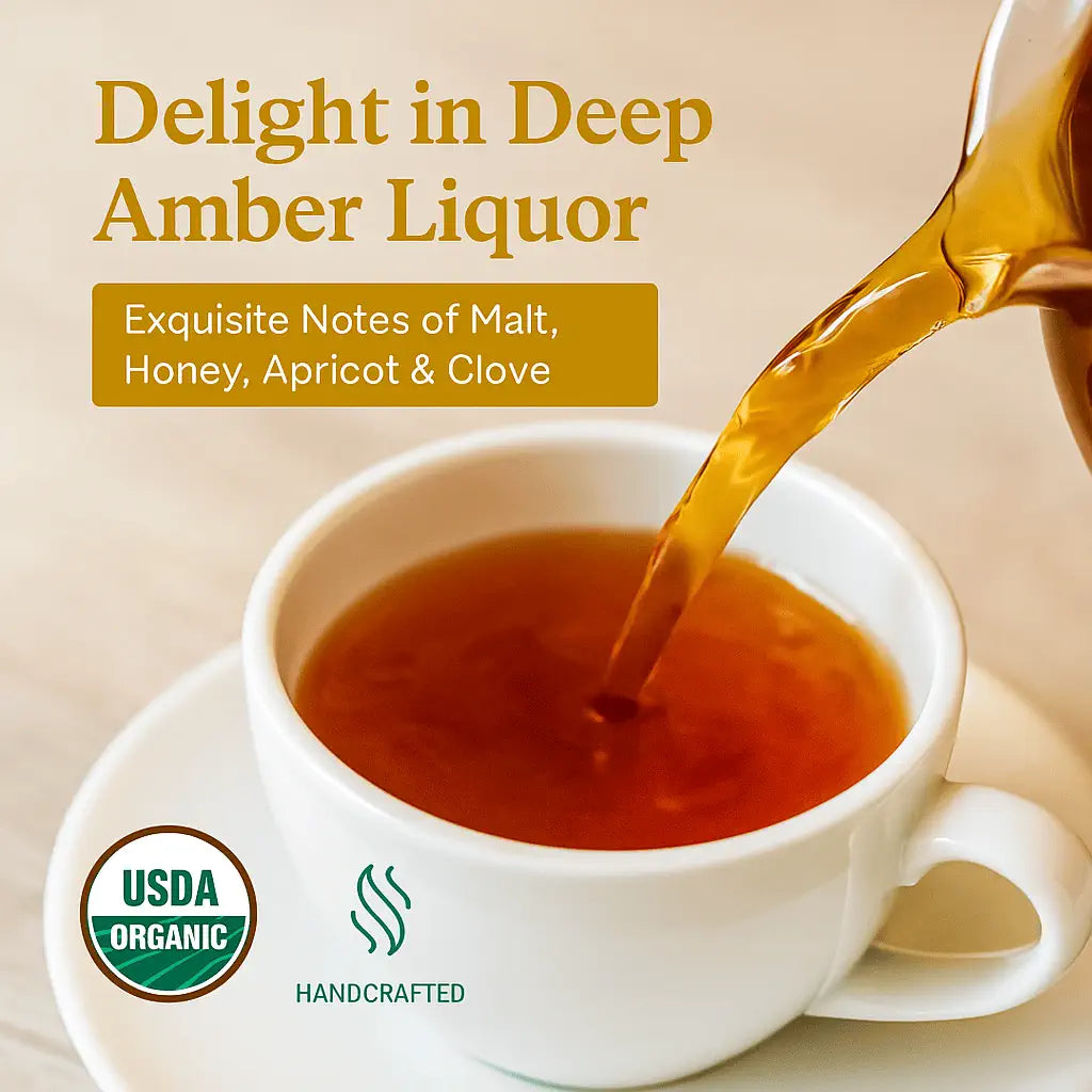 Rich amber liquor of Himalayan Golden Black Tea from Ilam, Nepal
