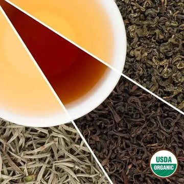 USDA Organic Nepal Tea Trio Sampler featuring Himalayan Golden Black, Pokhara Green, and Rara White teas in high-barrier freshness pouches.