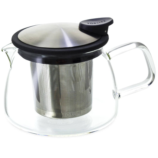 Empty 14 oz borosilicate glass teapot showing the removable stainless steel infuser basket and black lid