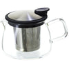 Empty 14 oz borosilicate glass teapot showing the removable stainless steel infuser basket and black lid