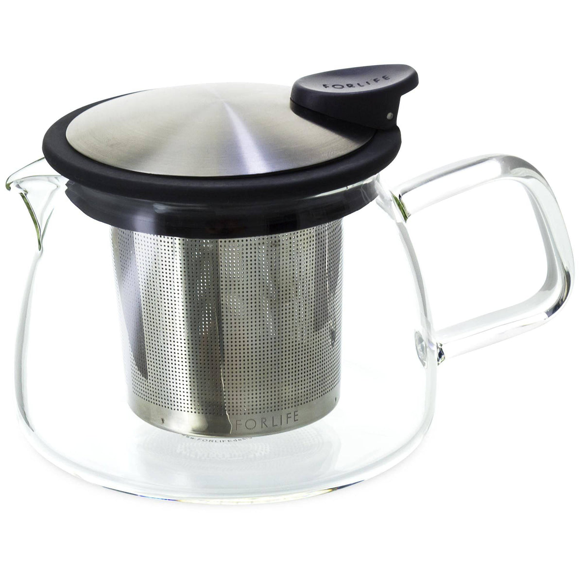 Empty 14 oz borosilicate glass teapot showing the removable stainless steel infuser basket and black lid