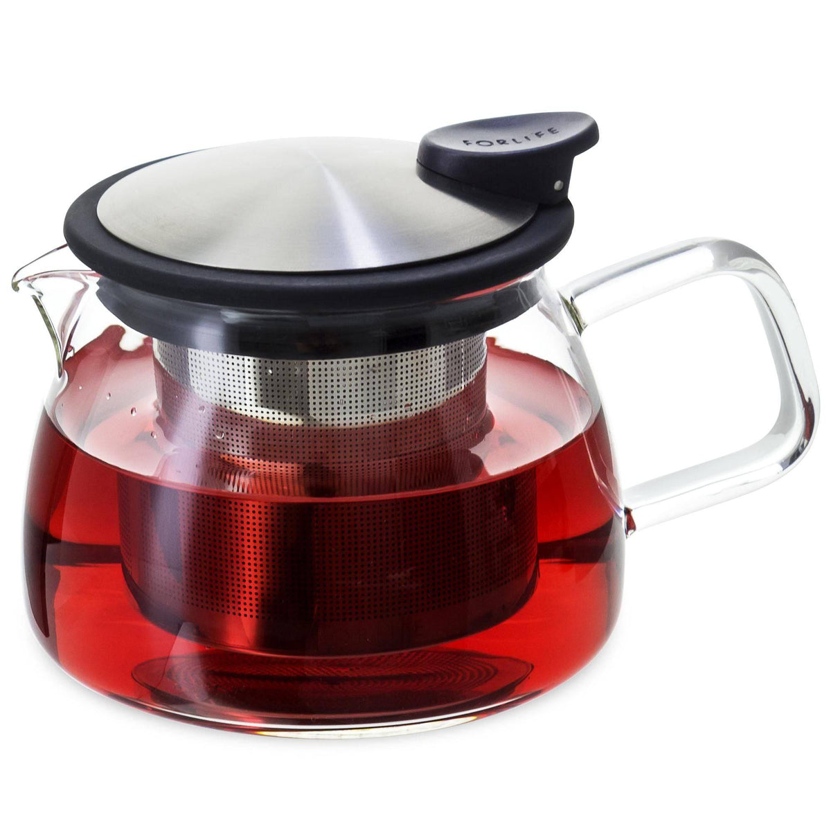 FORLIFE Bell 14 oz glass teapot with a stainless steel infuser basket and black lid, filled with brewed red tea