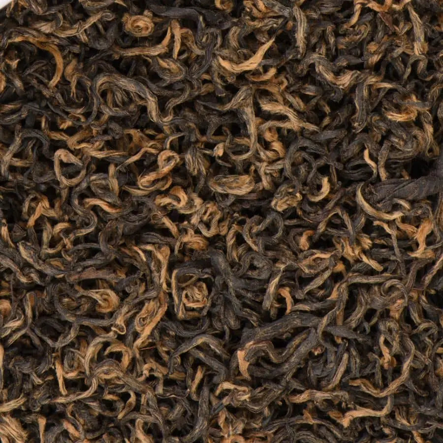 Close-up of Himalayan Golden Organic Black Tea loose leaves with golden tips from Ilam, Nepal