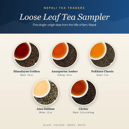 Loose leaf tea sampler of five Nepali teas from Ilam: Himalayan Golden, Annapurna Amber, Pokhara Classic, Ama Dablam and a full 3.2 oz bag of Lhotse