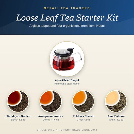 Loose leaf tea starter kit from Nepali Tea Traders: 14 oz glass teapot with infuser plus Himalayan Golden, Annapurna Amber, Pokhara Classic and Ama Dablam organic Nepali teas