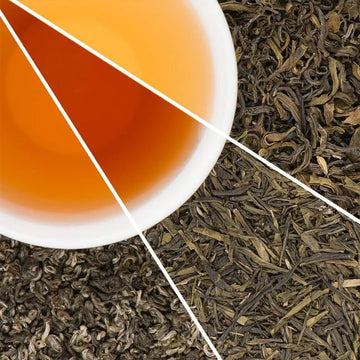 Green tea collection bundle featuring a split view of three distinct loose leaf varieties and brewed golden tea liquor.
