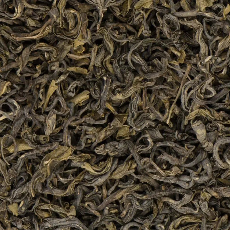 Pokhara Classic organic green tea leaves close-up from Ilam, Nepal