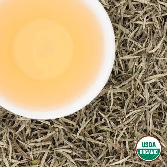 Nepalese Silver Tips organic Nepali white tea, USDA Organic certified silver needle loose leaf from Ilam, Nepal.