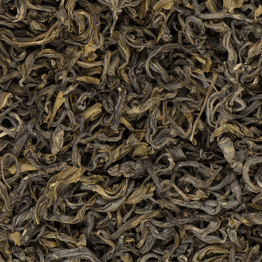 Close-up of Pokhara Classic organic green tea leaves from Nepal
