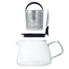 Glass teapot parts: removable stainless steel infuser basket, black push-on lid and 14 oz borosilicate glass pot