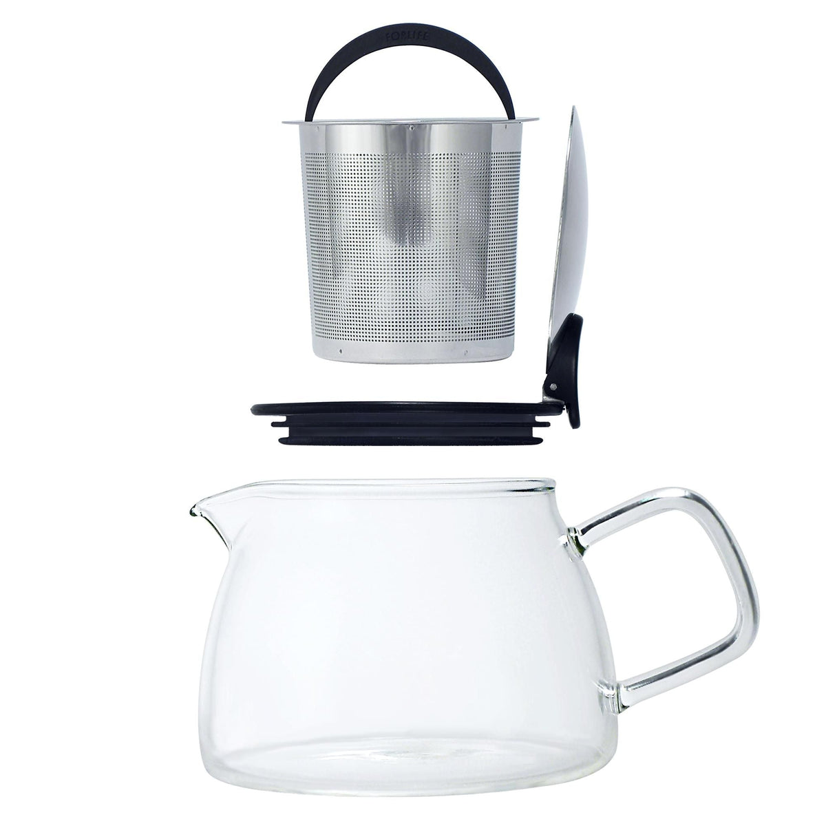 Glass teapot parts: removable stainless steel infuser basket, black push-on lid and 14 oz borosilicate glass pot